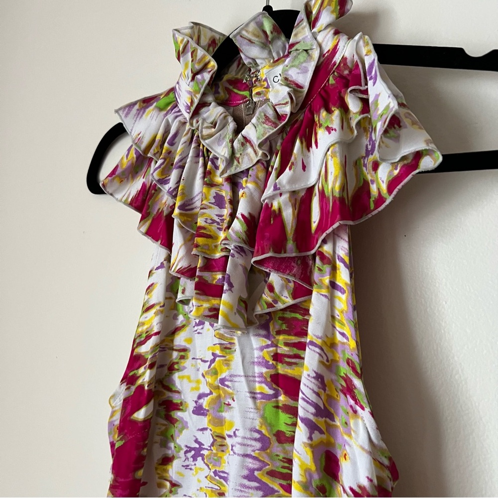 NWT Cleah Toria Multicolor Sleeveless Ruffle Neck Back Zipper Halter Top
